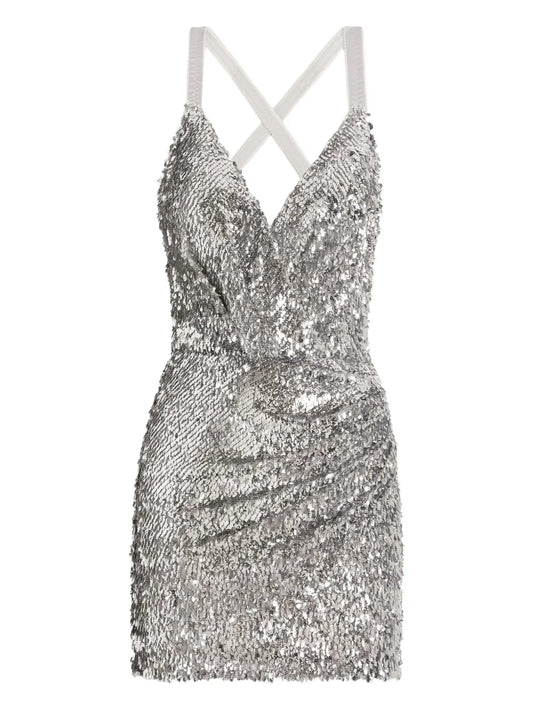 Dolce Gabbana Sequin Crossover Dress — Silver — Size XS — Front View