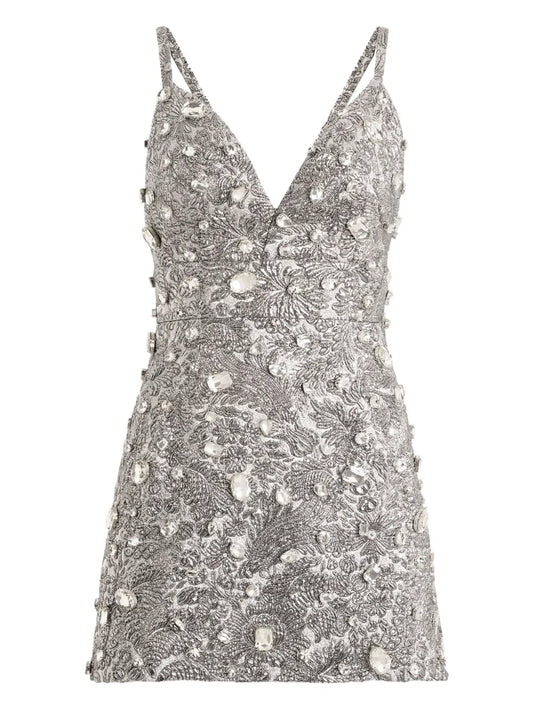 Dolce Gabbana Floral Jacquard Mini Dress — Silver — Size XS — Front View