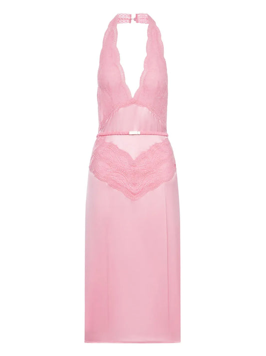 Gucci Lace Panel Satin Halterneck Dress — Pink — Size M — Front View
