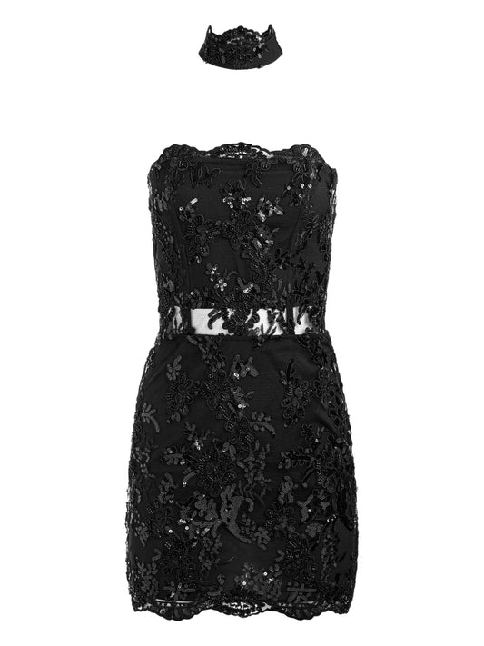Alice Olivia Georgie Embellished Lace Strapless Mini Dress — Black — Size XS — Front View