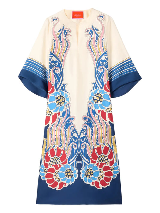 La Doublej The Kaftan Floral Midi Dress — Tan — Size S — Front View
