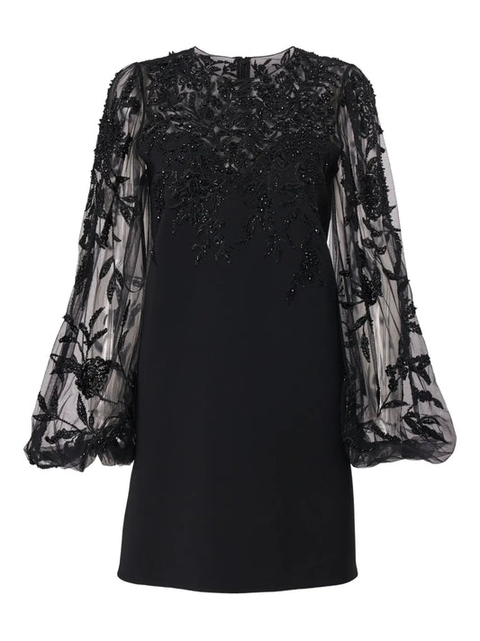 Carolina Herrera Embroidered Fuff Sleeve Mini Dress — Black/ Red — Size M — Front View