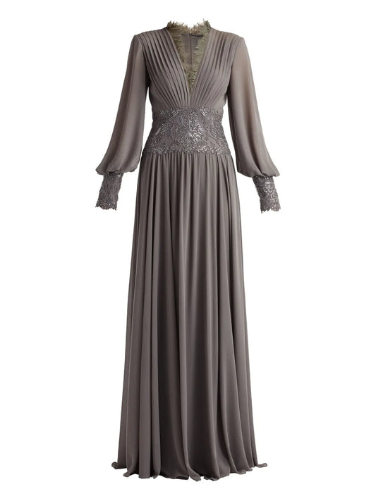 Tadashi Shoji Pleated V Neck Maxi Dress — Grey — Size XS — Front View