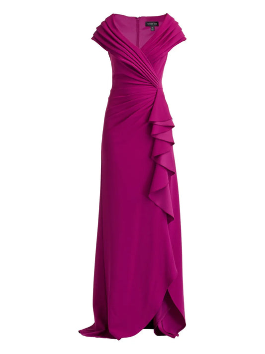 Tadashi Shoji Ruffled Draped Maxi Dress — Same as shown — Size M — Front View