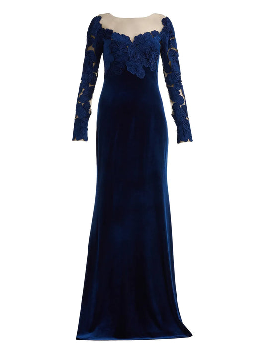 Tadashi Shoji Floral Details Long Sleeved Maxi Dress — Blue/ Navy — Size XS — Front View