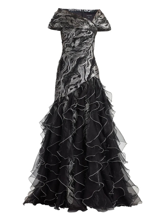 Tadashi Shoji Ruffled Metallic Effect Maxi Dress — Black/ Red/ Silver — Size XS — Front View