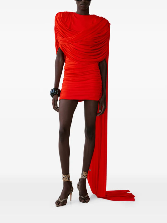 The New Arrivals Ilkyaz Ozel Khara Draped Detail Mini Dress — Red — Size XS — Front View