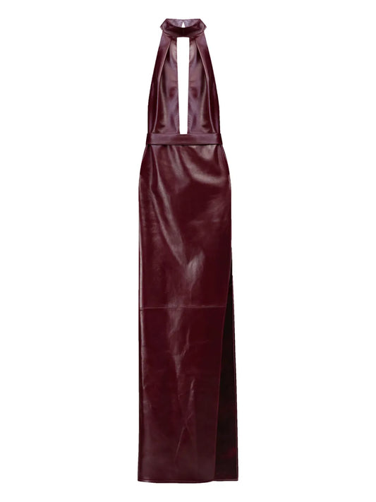 The New Arrivals Ilkyaz Ozel Nessa Halterneck Leather Maxi Dress — Red — Size S — Front View