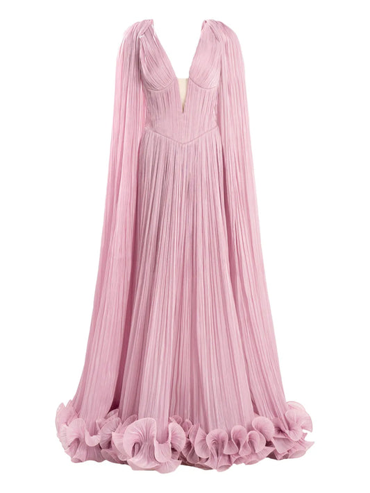 Ana Radu Cape Pleated Ruffle Maxi Dress — Pink — Size S — Front View