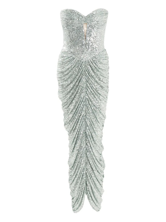Ana Radu Sequin Embellishment Ruched Midi Dress — Silver — Size S — Front View