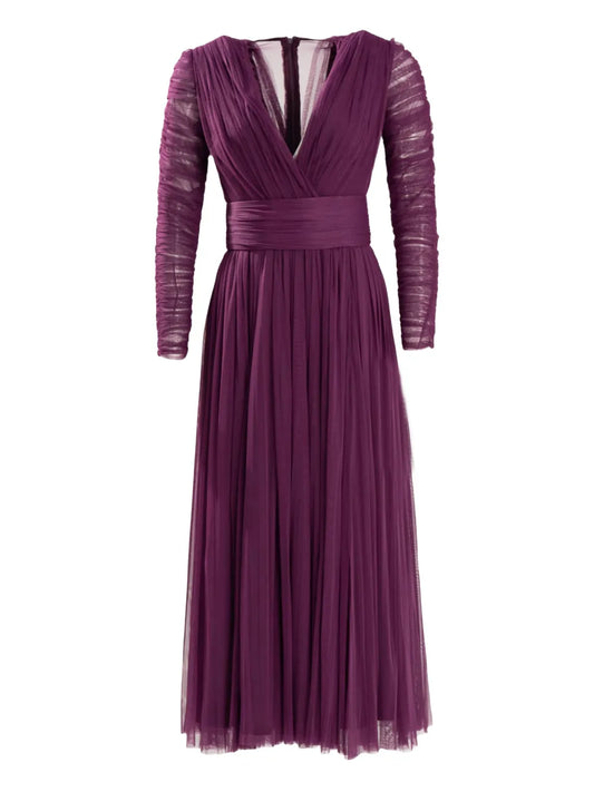 Ana Radu Long Sleeve Pleated Midi Dress — Purple — Size S — Front View