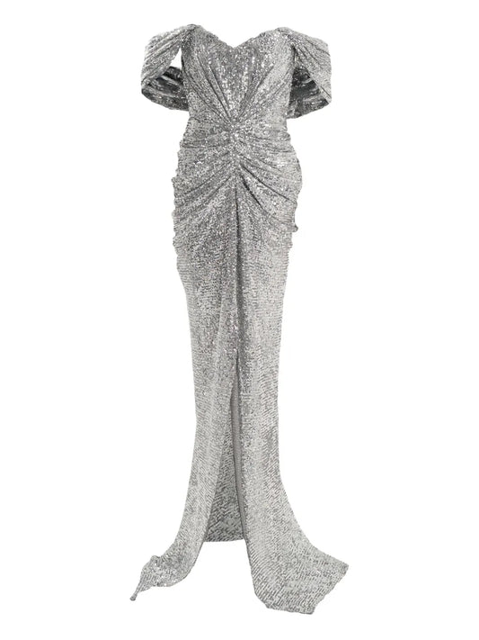 Ana Radu Off Shoulder Maxi Dress — Silver — Size S — Front View