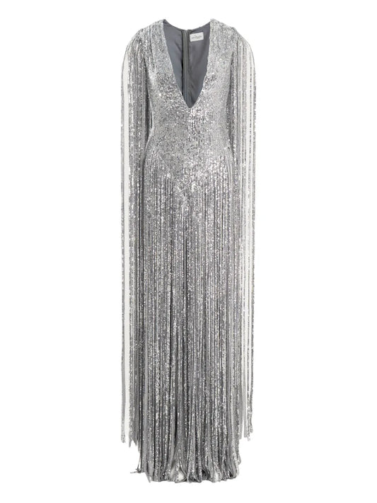 Ana Radu Sequin Embellishment Fringed Maxi Dress — Silver — Size XS — Front View