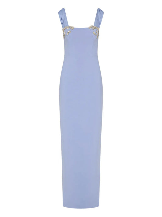 Rachel Gilbert Malia Embellished Square Neck Maxi Gown — Blue — Size XS — Front View