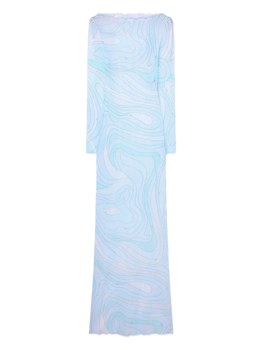 Pucci Marmo Print Tulle Maxi Dress — Blue — Size XS — Front View