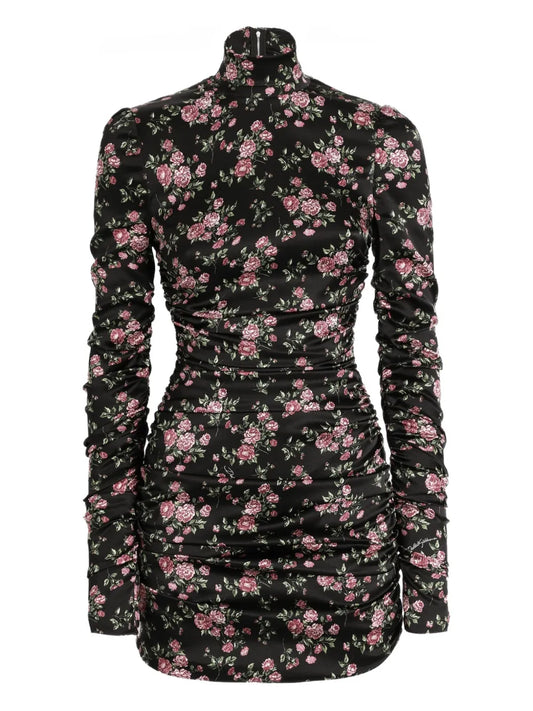 Dolce Gabbana Ruched Floral Mini Dress — Black — Size XXL — Front View