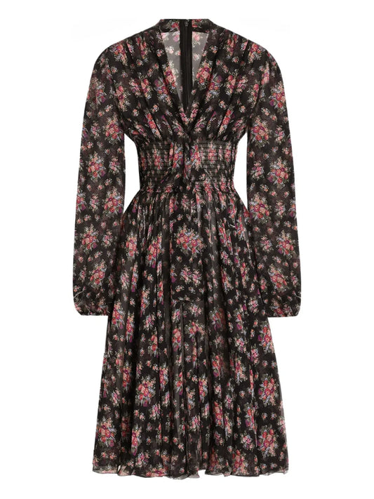 Dolce Gabbana Long Sleeves Floral Midi Dress — Black — Size XS — Front View