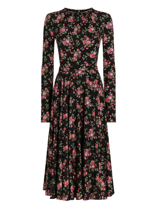 Dolce Gabbana Floral Long Sleeve Midi Dress — Black — Size XS — Front View