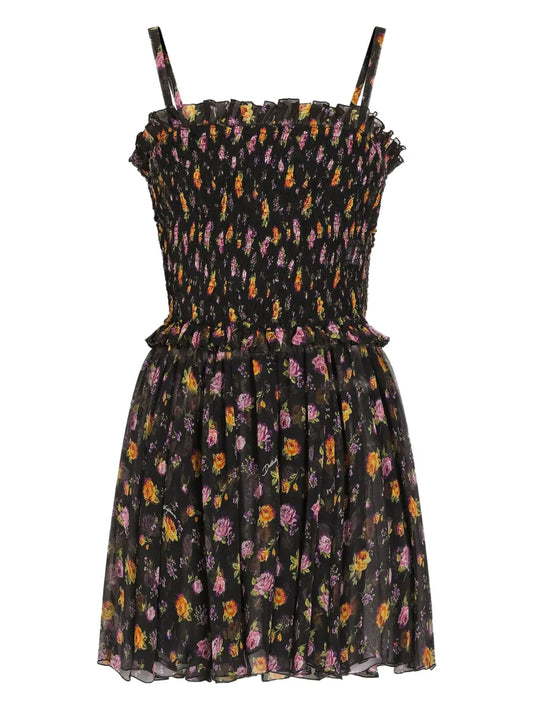 Dolce Gabbana Ruffled Floral Mini Dress — Black — Size XS — Front View