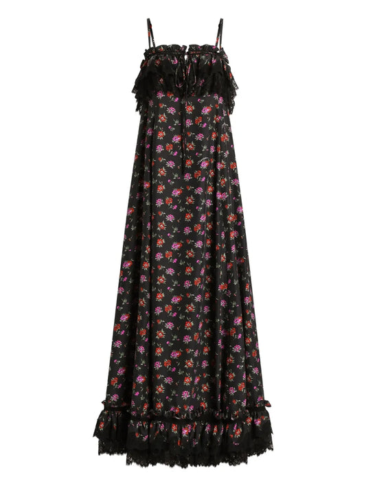 Dolce Gabbana Ruffled Floral Maxi Dress — Black — Size XS — Front View
