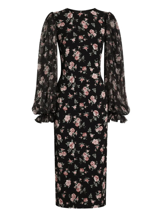Dolce Gabbana Puff Sleeve Floral Midi Dress — Black — Size XS — Front View