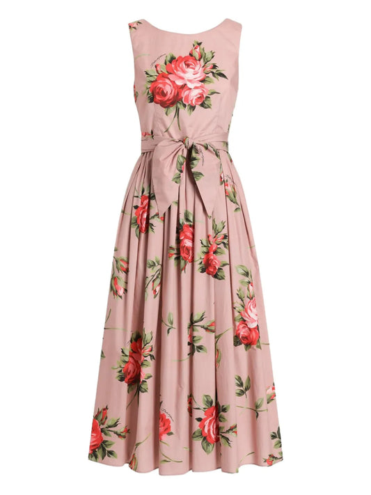 Dolce Gabbana Floral Print Tie Dress — Red — Size M — Front View