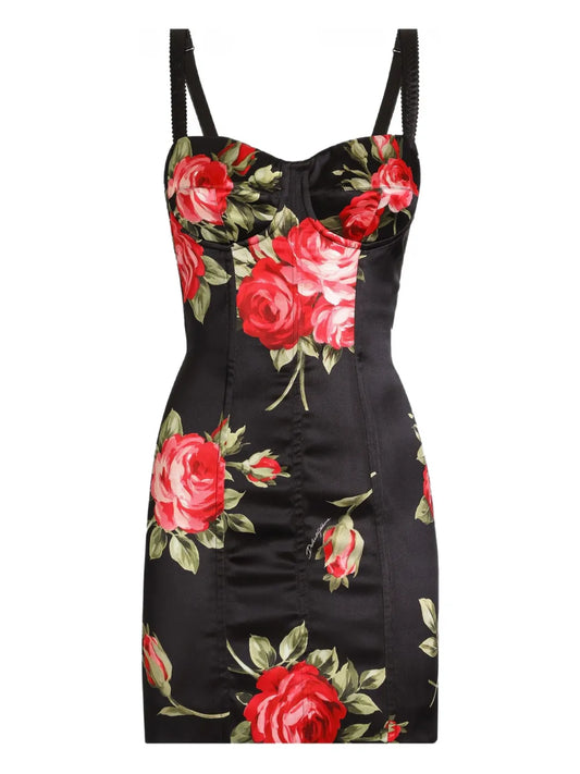 Dolce Gabbana Floral Mini Dress — Black — Size S — Front View