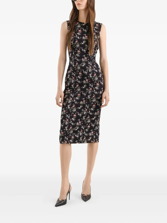 Dolce Gabbana Floral Sleeveless Midi Dress — Black — Size S — Front View