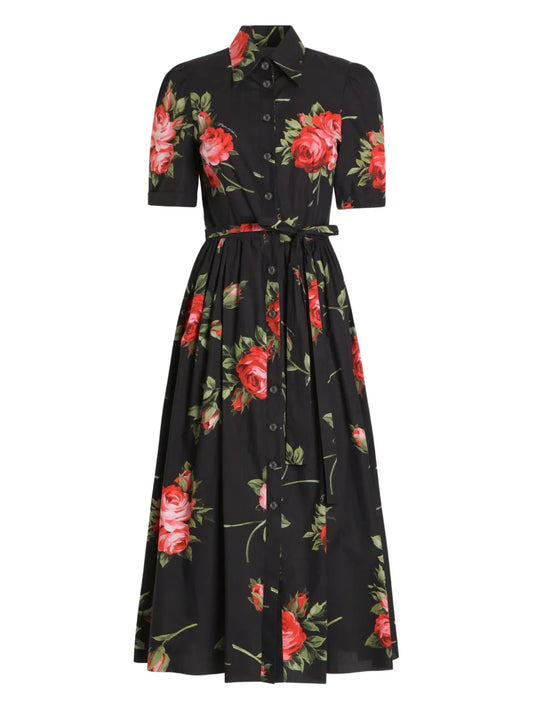 Dolce Gabbana Floral Print Belted Midi Dress — Black — Size S — Front View