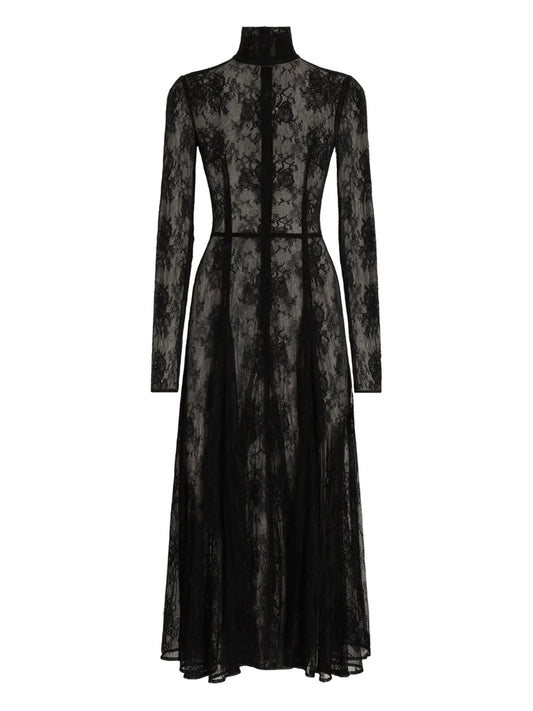 Dolce Gabbana Lace High Neck Midi Dress — Black — Size XS — Front View