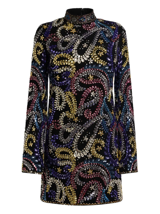Etro Paisley Embroidered Mini Dress — Black/ Red — Size XS — Front View