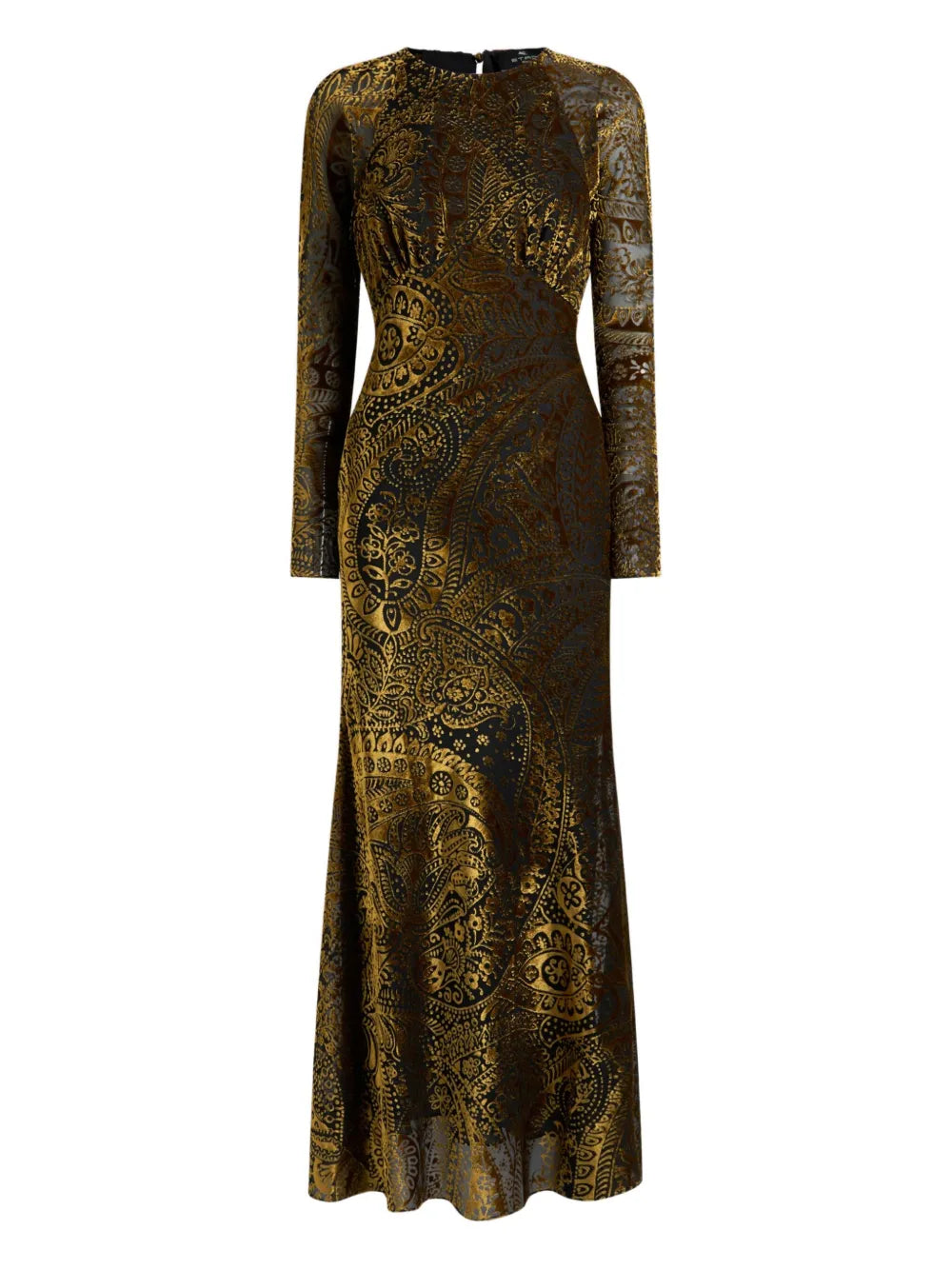 Etro Floral Paisley Velvet Maxi Dress — Gold — Size XS — Front View