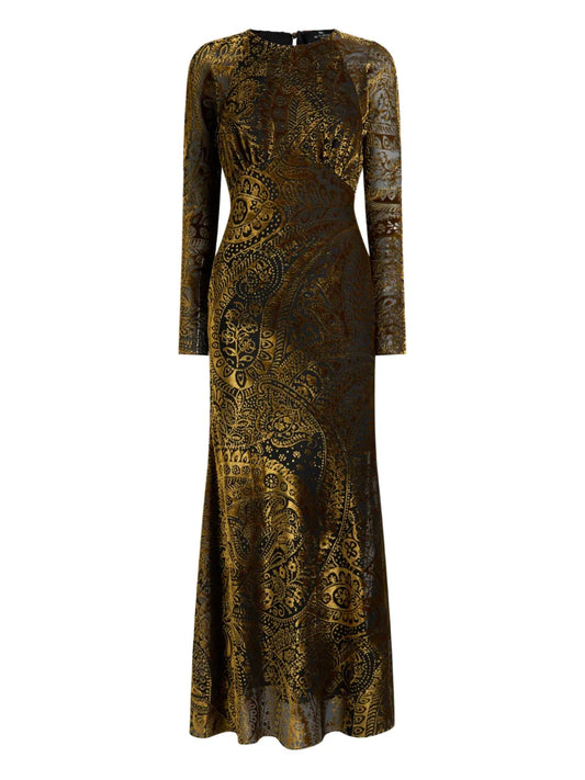 Etro Floral Paisley Velvet Maxi Dress — Gold — Size XS — Front View