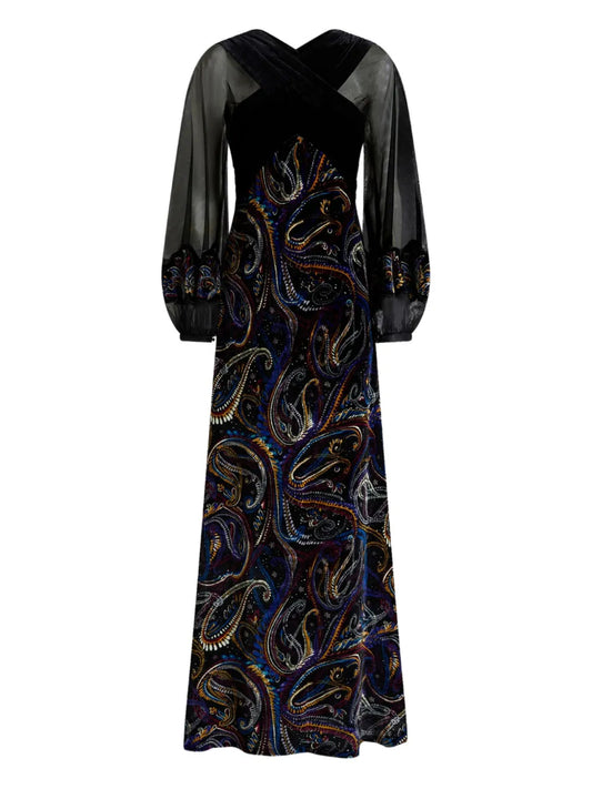 Etro Wide Puff Sleeves Maxi Dress — Black — Size XS — Front View
