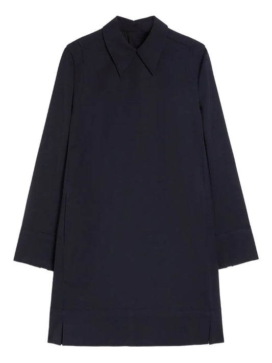 Jil Sander Pointed Collar Wool Gabardine Mini Dress — Blue — Size M — Front View