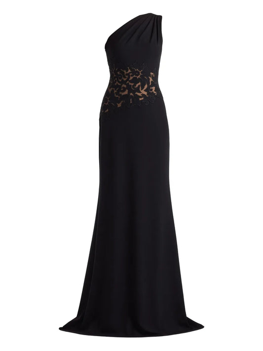 Tadashi Shoji One Shoulder Floral Detail Maxi Dress — Black — Size XXL — Front View