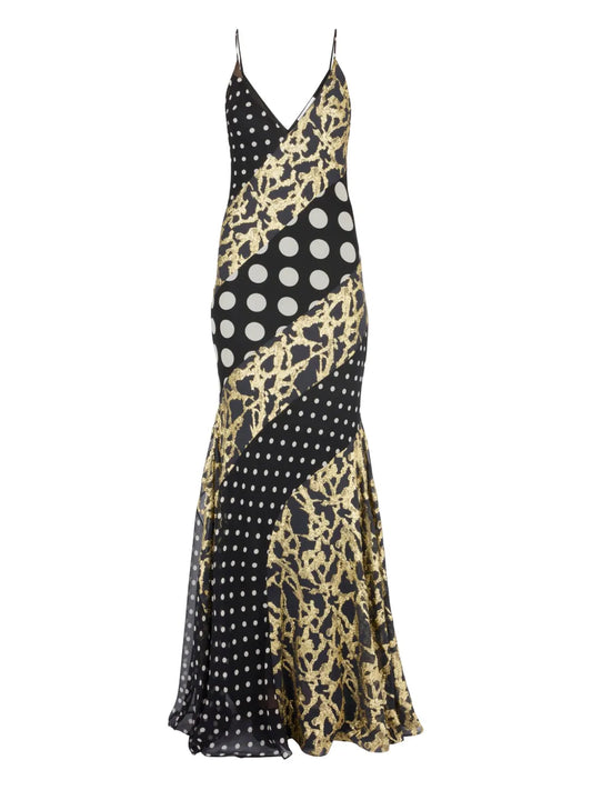 Nina Ricci Polka Dot Pattern Marbled Silk Maxi Dress — Black — Size XS — Front View