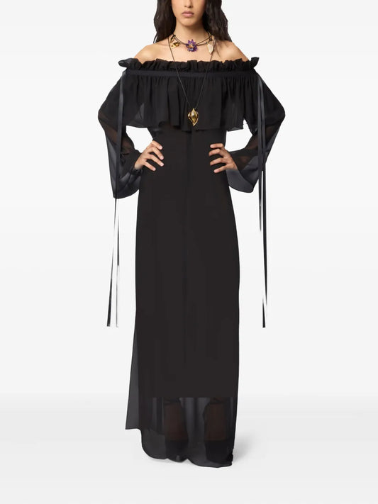 Nina Ricci Ruffled Bow Silk Maxi Dress — Black — Size XS — Front View