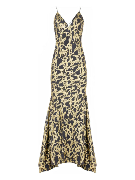 Nina Ricci Marbled Motif Silk Maxi Dress — Black — Size XS — Front View