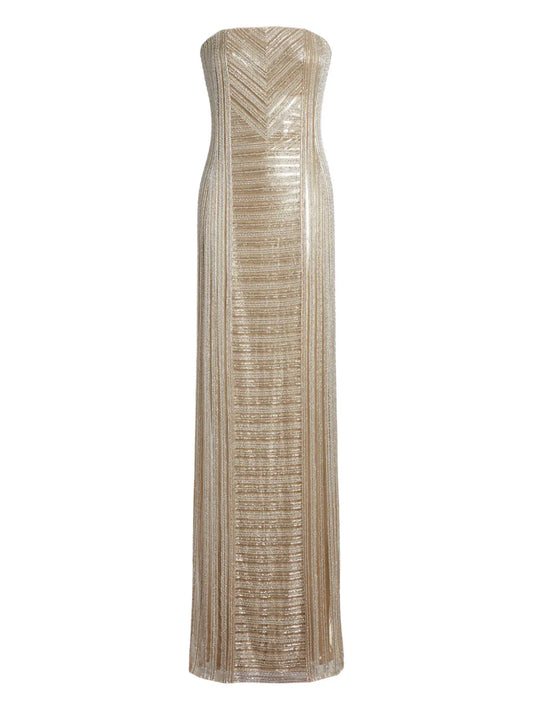 Ralph Lauren Collection Strapless Chevron Pattern Maxi Dress — Beige — Size XS — Front View
