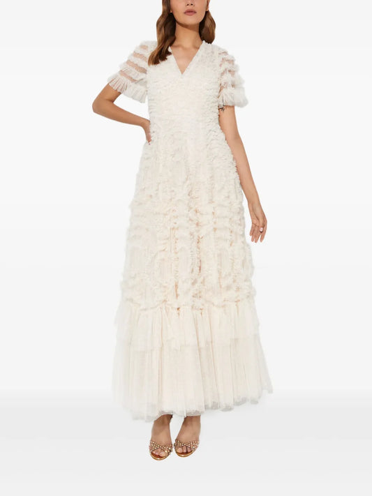 Needle Thread Verity Ruffled Maxi Dress — White/ Red — Size XS — Front View