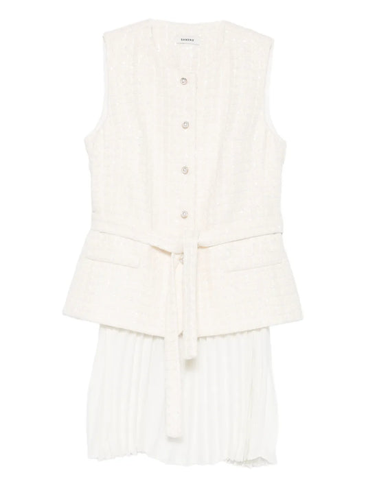 Sandro Sequin Embellished Pleated Mini Dress — White — Size S — Front View