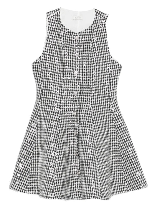 Sandro Sequin Embellished Houndstooth Dress — Black/ White — Size XS — Front View