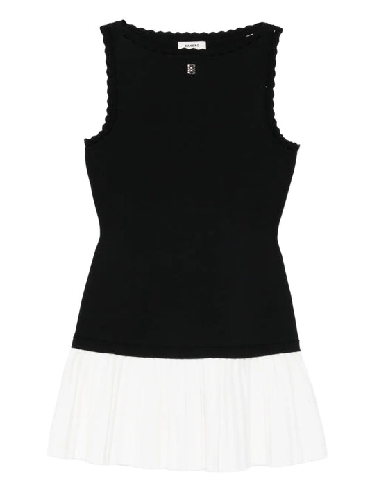 Sandro Ruffled Pleated Midi Dress — Black/ White — Size XS — Front View