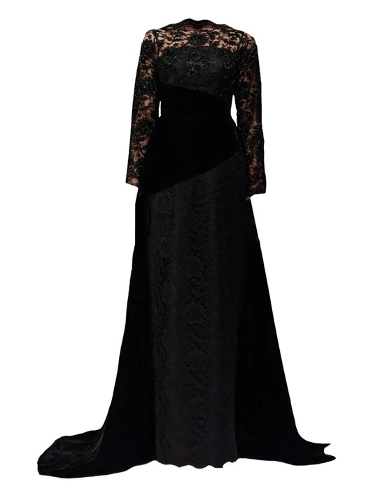 Tha Seen Lace Panel Maxi Dress — Black — Size L — Front View