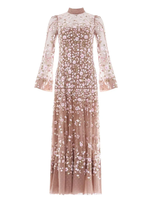 Needle Thread Sylvia Rose Long Sleeves Midi Dress — Taupe — Size XS — Front View