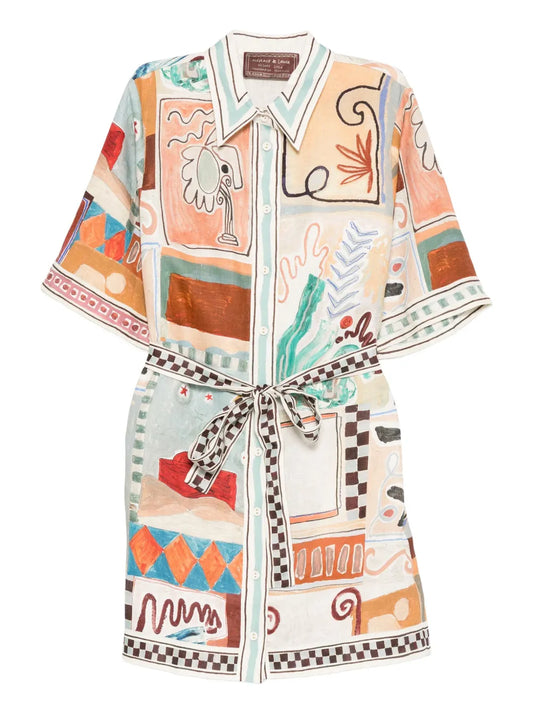 Alemais Michelle Abstract Print Mini Dress — Brown/ Red — Size XS — Front View