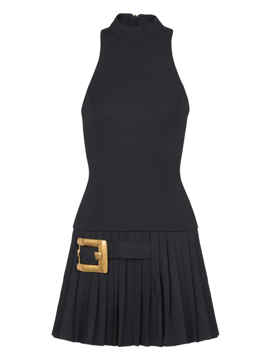 Balmain Pleated Buckle Embellished Dress — Black — Size XS — Front View