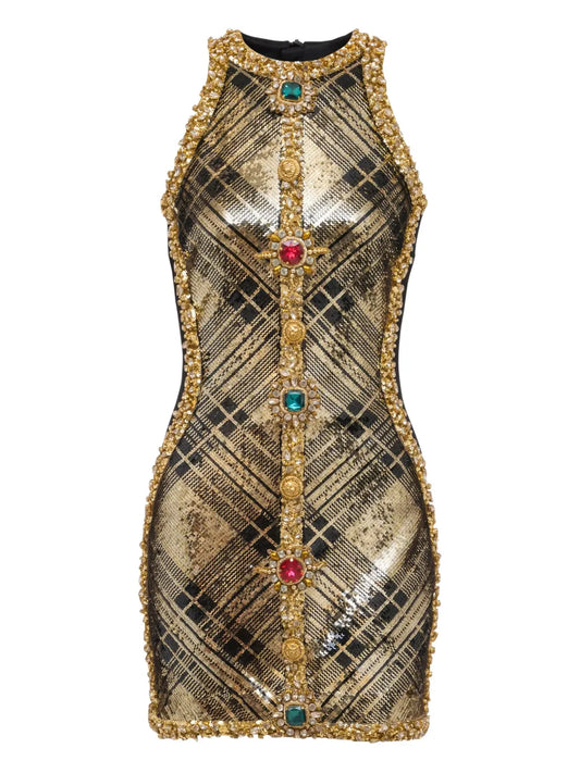 Balmain Plaid Jewel Embellished Sleeveless Dress — Gold — Size XS — Front View