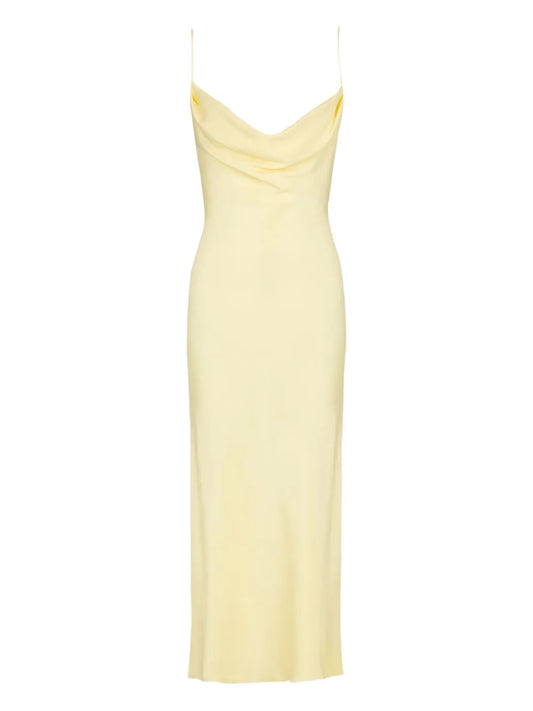 Balmain Cowl Neck Satin Dress — Yellow — Size XS — Front View